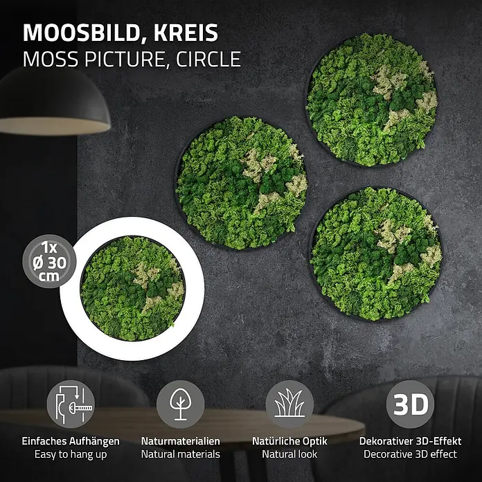 Moosbild Rund Ø 30 cm Mooswand Indoor mit echtem Islandmoos Holzrahmen -  - Drei runde Moosbilder aus Naturmoos (grün/hellgrün), Ø 30 cm, als Wanddeko an dunkler Wand.
