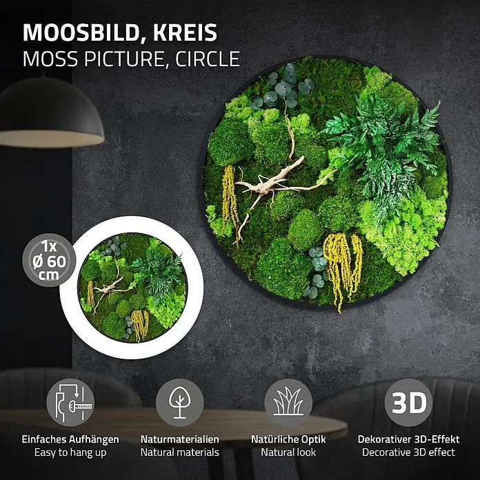 Moosbild Rund Ø60 cm Mooswand Indoor gerahmt echtes Moos-Mix Holzäste -  - Rundes Moosbild mit verschiedenen grünen Moosen, gelben Akzenten und Holz. Ø 60 cm.