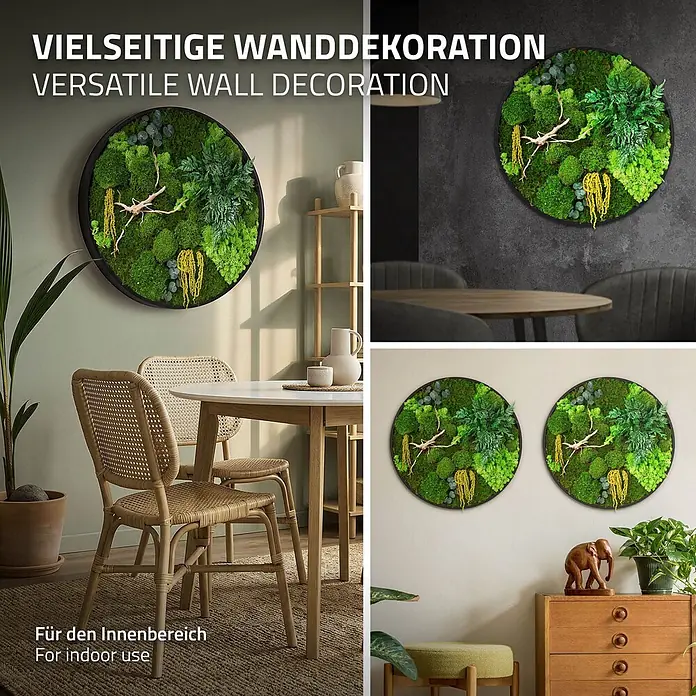 Moosbild Rund Ø60 cm Mooswand Indoor gerahmt echtes Moos-Mix Holzäste -  - Runde Wanddekoration aus konserviertem grünem Moos, Naturzweigen und Pflanzenelementen im schwarzen Rahmen, in verschiedenen Innenräumen gezeigt.