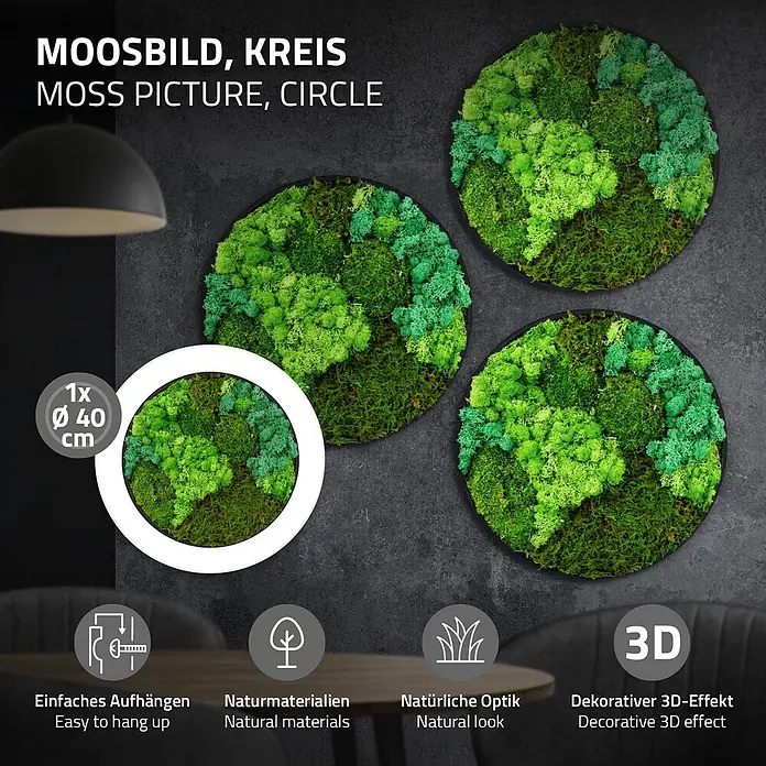 Moosbild Rund Ø40 cm Mooswand Indoor mit echtem Moos-Mix gerahmt -  - Rundes Moosbild aus echten Pflanzen in verschiedenen Grüntönen als Wanddekoration, ca. 40 cm Durchmesser.