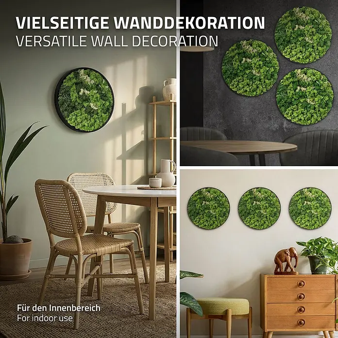 Moosbild Rund Ø 40 cm Mooswand Indoor mit echtem Islandmoos Holzrahmen -  - Runde Wanddekorationen aus konserviertem grünem Moos in schwarzen Rahmen, in verschiedenen Innenräumen gezeigt.