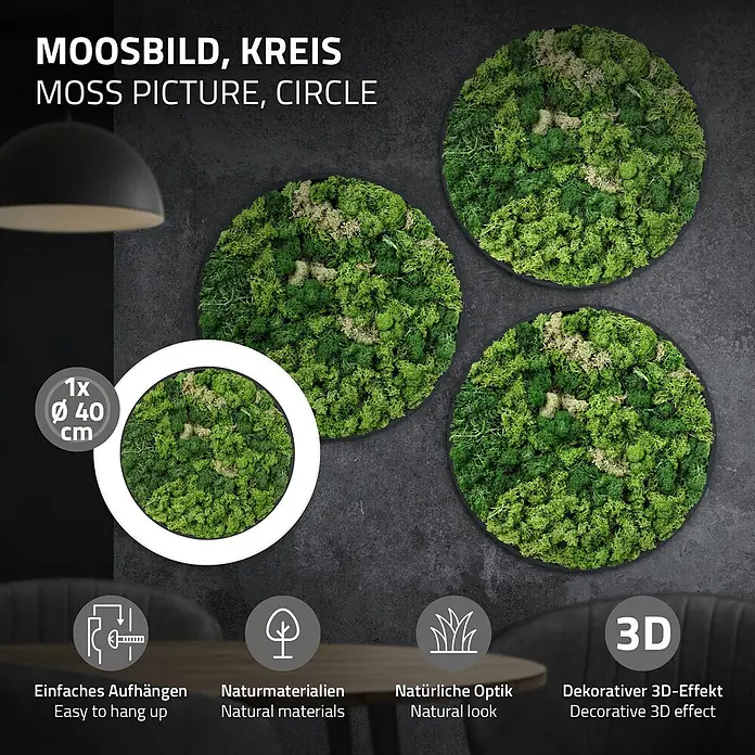 Moosbild Rund Ø 40 cm Mooswand Indoor mit echtem Islandmoos Holzrahmen -  - Drei runde Moosbilder, 40 cm Durchmesser, mit Textüberlagerungen.