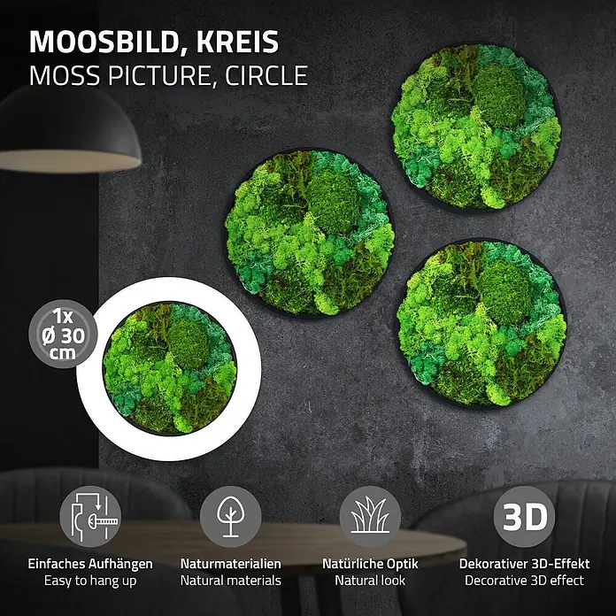 Moosbild Rund Ø30 cm Mooswand Indoor mit echtem Moos-Mix gerahmt -  - Drei runde Moosbilder mit grünem Naturmoos in schwarzen Rahmen, als Wanddekoration in modernem Interieur. Eines hebt den 30 cm Durchmesser hervor.