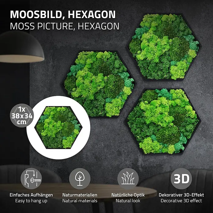 Moosbild Hexagon 38x34 cm Mooswand Indoor mit echtem Moos-Mix gerahmt -  - Drei sechseckige Moosbilder in verschiedenen Grüntönen an einer dunklen Wand, die einen natürlichen und dekorativen 3D-Effekt erzeugen.