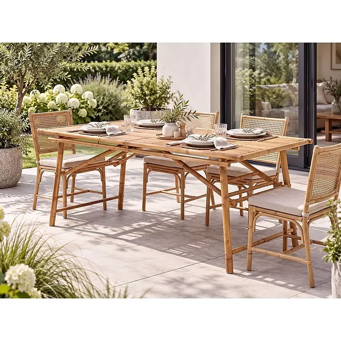 Esstisch TINDARI in Braun - (W) 90 x (H) 75 x - L - Eine Bambus-Gartensitzgruppe mit Tisch und vier Stühlen, hellen Polstern und Geschirr auf einer Terrasse.