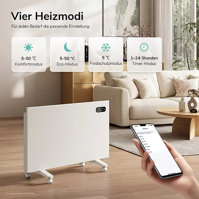 EMKE Heizlüfter Flatsim ERJ 2000 W, WiFi, Timer & Wochenprogramm, Weiß -  - Weißer Elektroheizer im Wohnzimmer, per Smartphone steuerbar, mit vier Heizmodi: Komfort, Eco, Frostschutz und Timer.