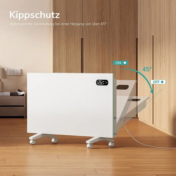 EMKE Heizlüfter Flatsim ERJ 2000 W, WiFi, Timer & Wochenprogramm, Weiß -  - Weißer elektrischer Heizkörper auf Rollen, der den Kippschutz demonstriert und sich bei Neigung über 45 Grad automatisch ausschaltet.