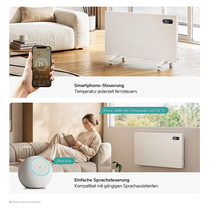 EMKE Heizlüfter Flatsim ERJ 2000 W, WiFi, Timer & Wochenprogramm, Weiß -  - Weißer Heizkörper mit Smartphone-App und Sprachsteuerung über Alexa, zur Temperaturregelung.