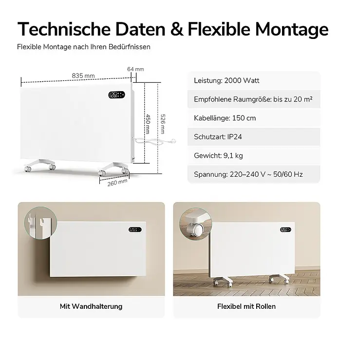 EMKE Heizlüfter Flatsim ERJ 2000 W, WiFi, Timer & Wochenprogramm, Weiß -  - Weißer Elektroheizer mit Digitalanzeige, der Abmessungen und technische Daten zeigt, erhältlich zur Wandmontage oder mit Rollen.