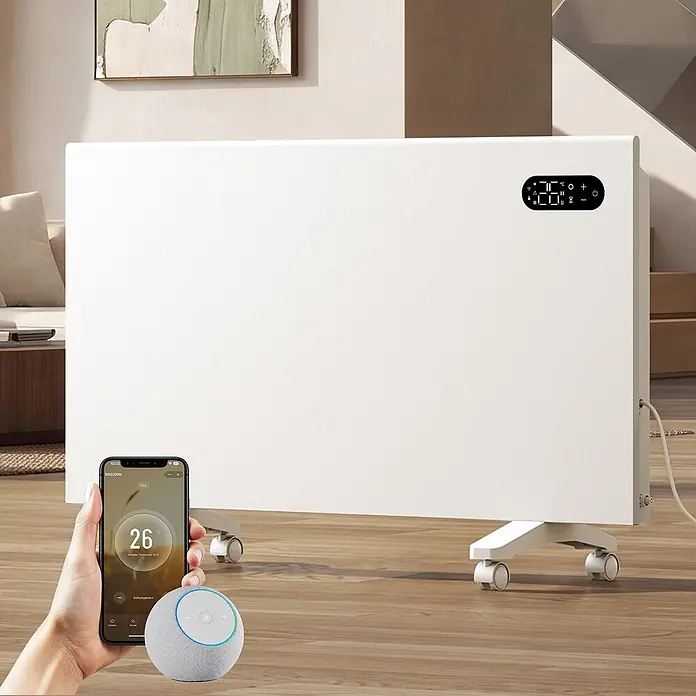 EMKE Heizlüfter Flatsim ERJ 2000 W, WiFi, Timer & Wochenprogramm, Weiß -  - Weißer smarter Elektroheizer auf Rollen mit Digitalanzeige, per Smartphone-App und Sprachassistent steuerbar.