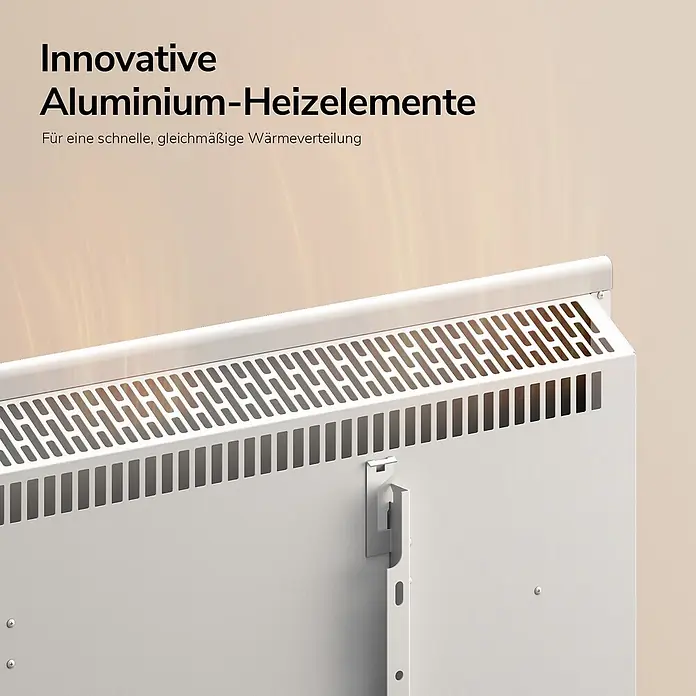 EMKE Heizlüfter Flatsim ERJ 2000 W, WiFi, Timer & Wochenprogramm, Weiß -  - Innovatives weißes Aluminium-Heizelement mit perforierter Oberseite und Wandhalterung.