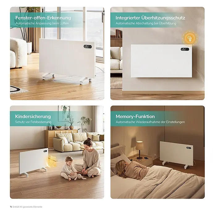 EMKE Heizlüfter Flatsim ERJ 2000 W, WiFi, Timer & Wochenprogramm, Weiß -  - Weißer elektrischer Paneelheizer in verschiedenen Wohnräumen, der seine intelligenten Funktionen demonstriert.
