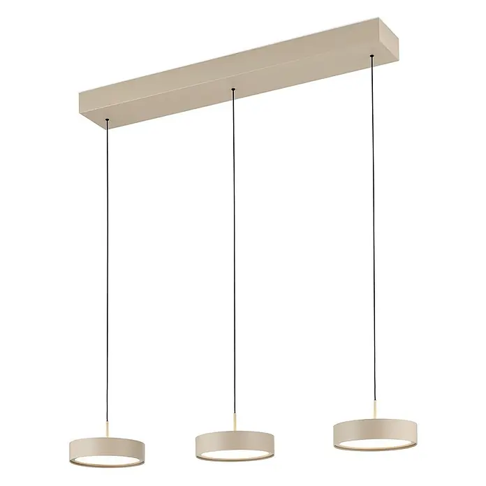 Orion Leuchten Pendelleuchte Teide Grau -  - Eine beige Linear-Pendelleuchte mit drei scheibenförmigen Lampen.