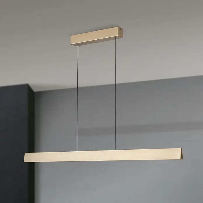 Orion Leuchten Pendelleuchte Tara Gold -  - Lineare Pendelleuchte in gebürstetem Gold mit rechteckiger Deckenhalterung und langer, schwebender Lichtleiste.