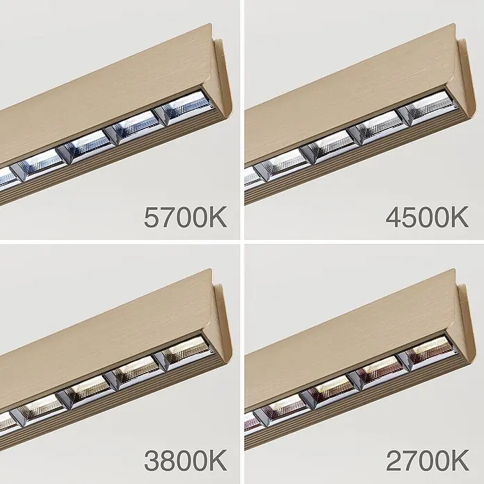 Orion Leuchten Pendelleuchte Tara Gold -  - Gebürstete Messing-LED-Linearlampe zeigt kühle bis warme Lichtfarben (5700K bis 2700K).