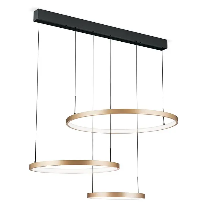 Orion Leuchten Pendelleuchte Ringe -  - Schwarze rechteckige Pendelleuchte mit mehreren goldenen LED-Ringen in unterschiedlichen Höhen.