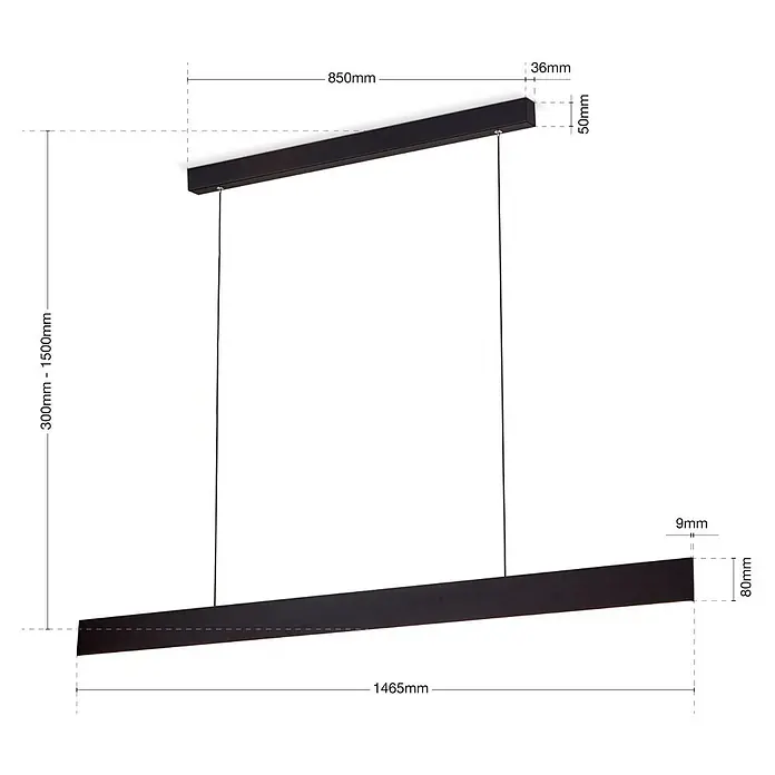 Orion Leuchten Pendlleuchte Gideon Schwarz -  - Schwarze lineare LED-Pendelleuchte mit schlankem, rechteckigem Design, an zwei Drähten aufgehängt.