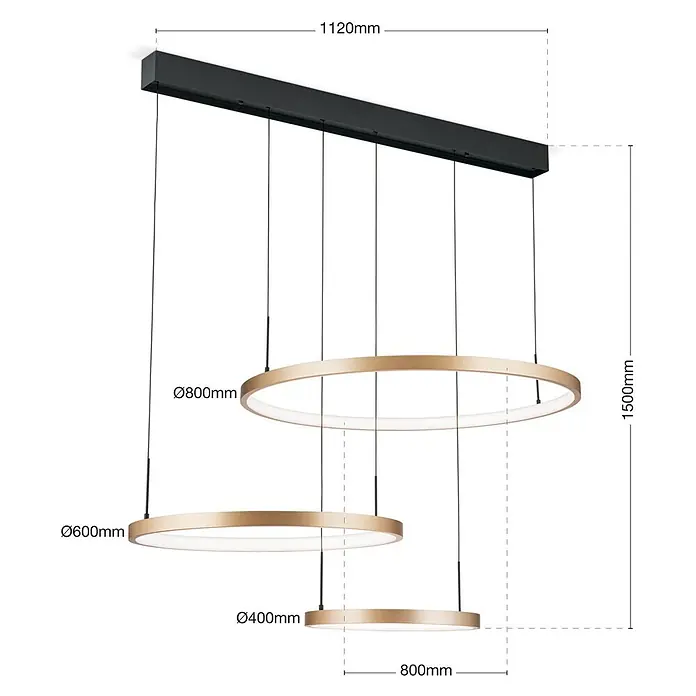 Orion Leuchten Pendelleuchte Ringe -  - Moderne Pendelleuchte mit drei goldfarbenen Ringen (Ø400, Ø600, Ø800mm) und schwarzem Deckenbalken.