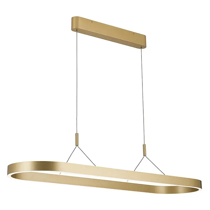 Orion Leuchten Pendelleuchte Lift Gold -  - Goldfarbene ovale LED-Hängeleuchte, von einer rechteckigen Halterung abgehängt.