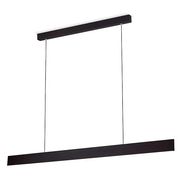 Orion Leuchten Pendlleuchte Gideon Schwarz -  - Schwarze lineare LED-Pendelleuchte, aufgehängt an zwei dünnen Kabeln von einer rechteckigen Deckenhalterung.