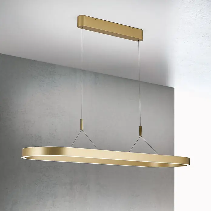 Orion Leuchten Pendelleuchte Lift Gold -  - Goldfarbene längliche Pendelleuchte mit integrierter LED-Beleuchtung, von der Decke abgehängt.