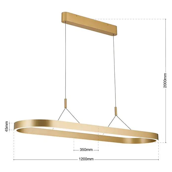 Orion Leuchten Pendelleuchte Lift Gold -  - Moderne Pendelleuchte aus gebürstetem Gold in Ovalform mit integriertem LED-Licht, von einer rechteckigen Deckenhalterung abgehängt.