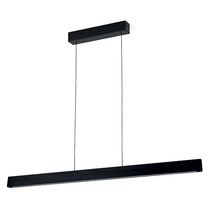 Orion Leuchten Pendelleuchte Tara Schwarz -  - Schwarze lineare LED-Pendelleuchte mit schlankem, rechteckigem Design, an zwei Drähten von einer passenden Deckenrosette abgehängt.