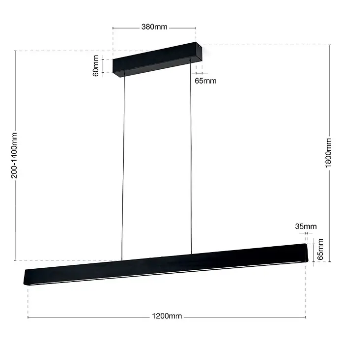 Orion Leuchten Pendelleuchte Tara Schwarz -  - Schwarze lineare LED-Pendelleuchte, an dünnen Kabeln aufgehängt, mit detaillierten Abmessungen für Länge, Breite und verstellbare Höhe.
