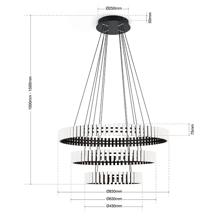 Orion Leuchten Pendlleuchte Masnion -  - Mehrstufiger Kronleuchter mit schwarzen und weißen Elementen, höhenverstellbar 1000-1500mm, größter Ring Ø830mm, Baldachin Ø250mm.