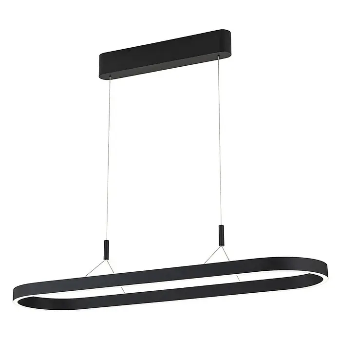 Orion Leuchten Pendelleuchte Lift Schwarz -  - Schwarze, längliche, ovale LED-Pendelleuchte, an dünnen Kabeln von einer rechteckigen Deckenhalterung hängend.