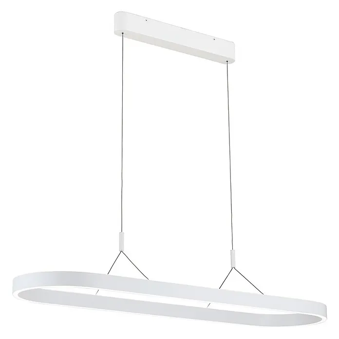 Orion Leuchten Pendelleuchte Lift Weiß -  - Weiße ovale LED-Pendelleuchte, aufgehängt an dünnen Drähten von einer Deckenstange.