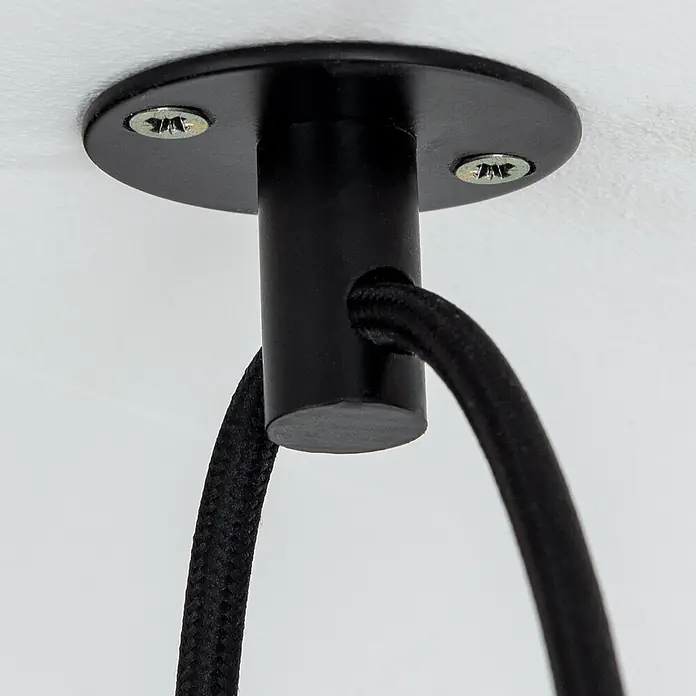 Orion Leuchten Hängelleuchte Vintage -  - Schwarze Deckenhalterung aus Metall mit geflochtenem Kabel, mit drei Schrauben befestigt.