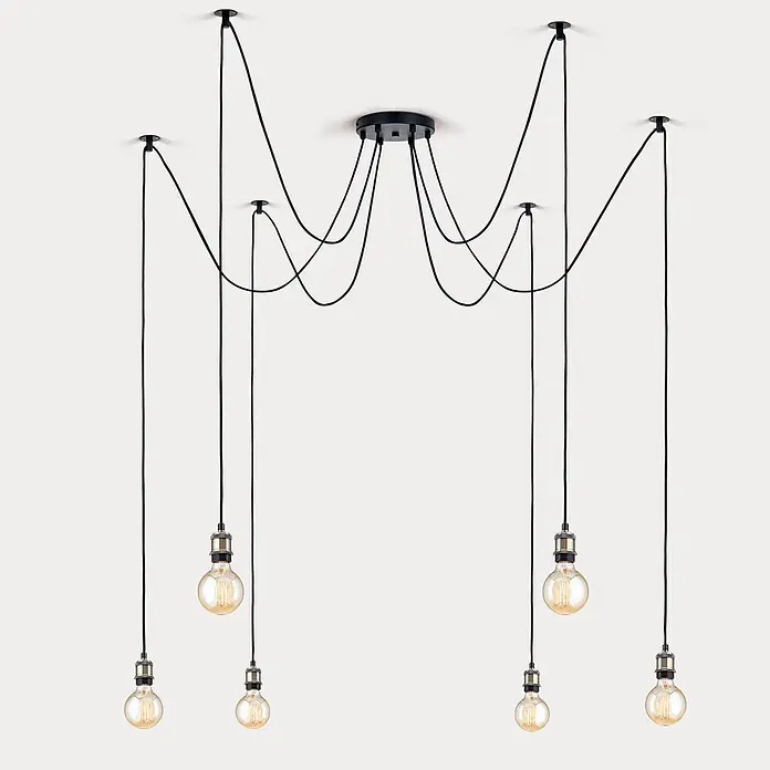 Orion Leuchten Hängelleuchte Vintage -  - Schwarze Spinnen-Deckenleuchte mit 6 schwarzen Textilkabeln, Messingfassungen und Vintage-Edison-Glühbirnen.