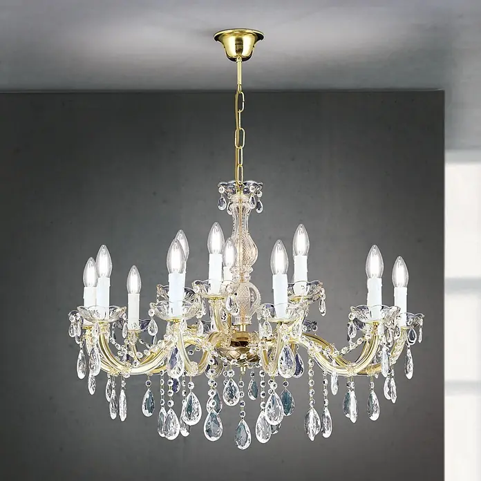 Orion Leuchten Kronleuchter Theresa Ø 70 cm -  - Goldener Kronleuchter mit 12 Kerzenlampen und klaren und blauen Kristallakzenten, von der Decke hängend.