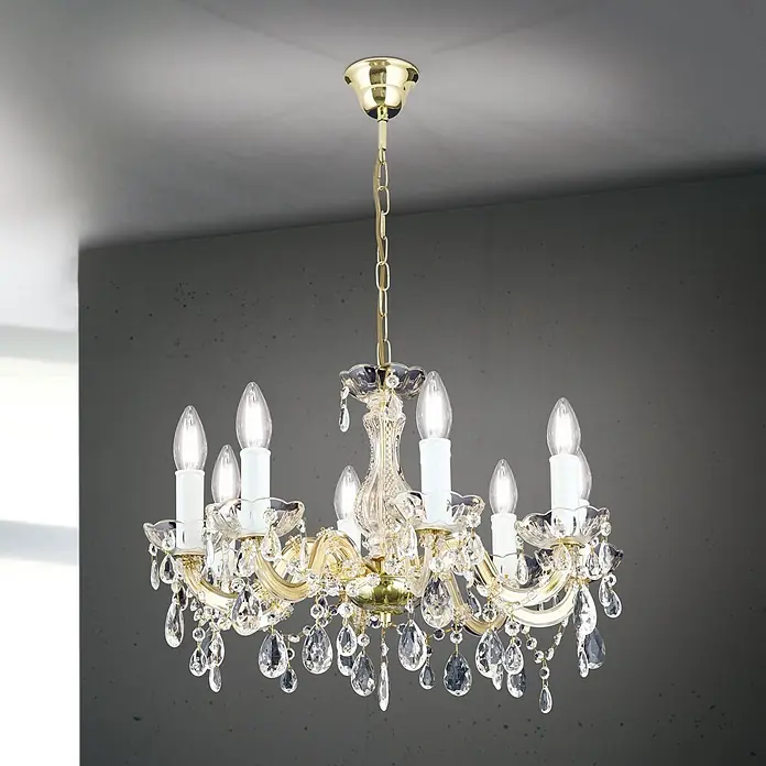 Orion Leuchten Kronleuchter Theresa Ø 56 cm -  - Opulenter goldener Kronleuchter mit klaren Kristallakzenten und Kerzenbirnen, an der Decke hängend.