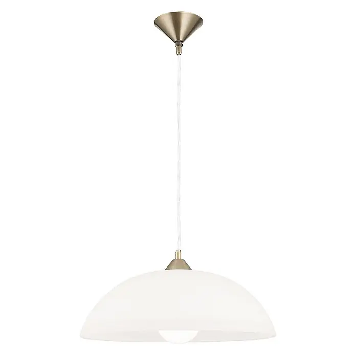 Orion Leuchten Hängelleuchte Grados Braun H 14.5 cm -  - Pendelleuchte mit messingfarbenem Baldachin, weißem Kabel und großer, gewölbter weißer Glasschirm mit sichtbarer Glühbirne.