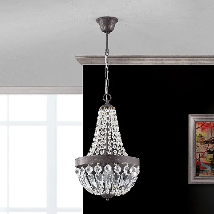 Orion Leuchten Kronleuchter Arila Ø 25 cm -  - Ein opulenter Kronleuchter aus dunklem Metall mit kaskadierenden klaren Kristallen, von der Decke hängend, für elegante Beleuchtung.