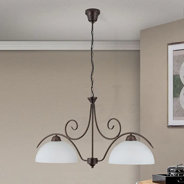 Orion Leuchten Hängeleuchte Alabast Ø 25 cm -  - Zweiflammige Pendelleuchte mit antikbraunem Metallgestell, dekorativen Verzierungen und satinierten Glasschirmen, hängt von der Decke.