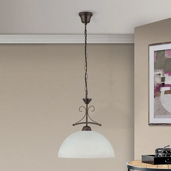 Orion Leuchten Hängeleuchte Alabast Ø 36 cm -  - Bronzefarbene Pendelleuchte mit gewölbtem weißem Glasschirm, hängt von der Decke.