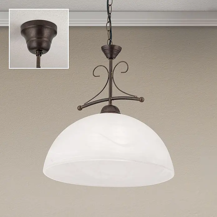 Orion Leuchten Hängeleuchte Alabast Ø 36 cm -  - Deckenhängeleuchte aus antikem Messing mit weißem, marmoriertem Glasschirm und dekorativem Metallgestell, inklusive Deckenbaldachin.