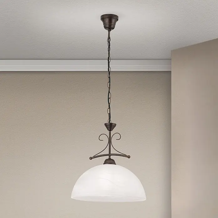 Orion Leuchten Hängeleuchte Alabast Ø 36 cm -  - Bronze-Pendelleuchte mit weißem, marmoriertem Glasschirm, von der Decke hängend.