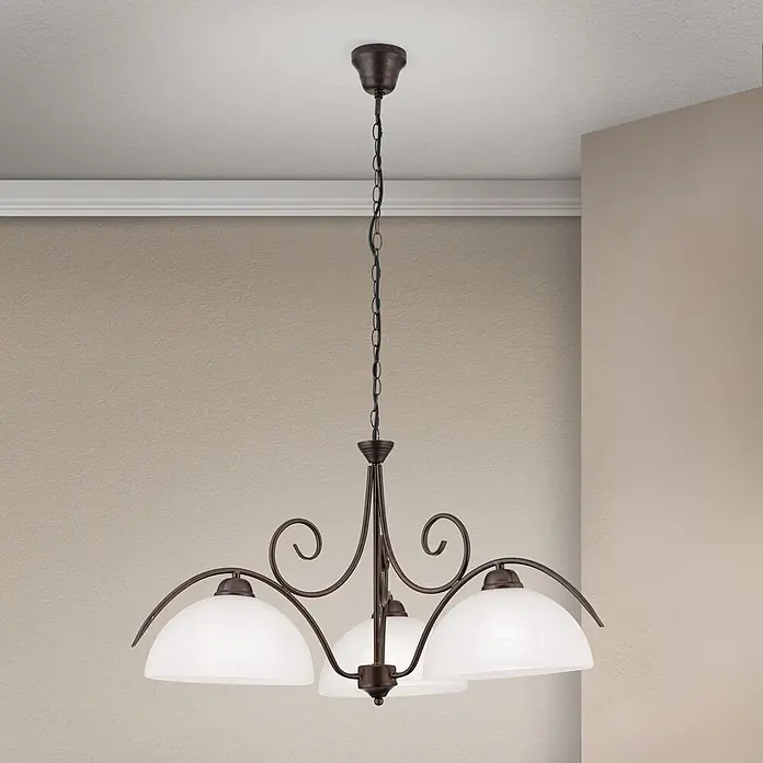 Orion Leuchten Hängeleuchte Alabast Ø 68 cm -  - Dunkle Metall-Hängeleuchte mit Zierschnörkeln und drei weißen Glasschirmen, von der Decke hängend.