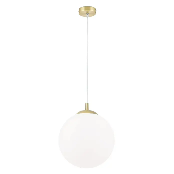 Orion Leuchten Hängeleuchte Kugel -  - Messing-Pendelleuchte mit weißem kugelförmigem Glasschirm, an weißem Kabel und Messing-Deckenrosette.
