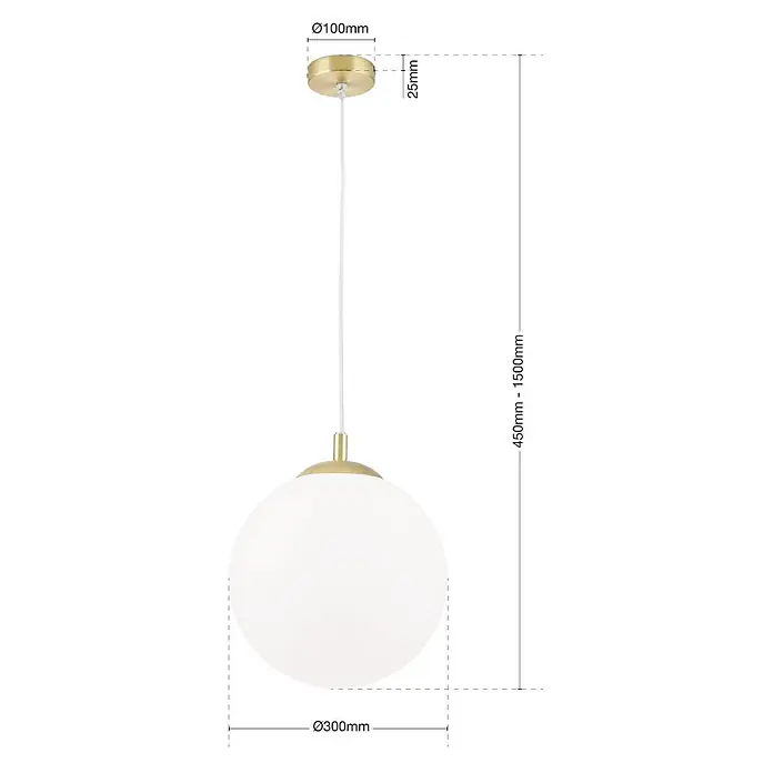 Orion Leuchten Hängeleuchte Kugel -  - Pendelleuchte in Gold und Weiß mit Ø300mm kugelförmigem Opalglasschirm, Ø100mm Deckenrosette und verstellbarem Kabel (450-1500mm).