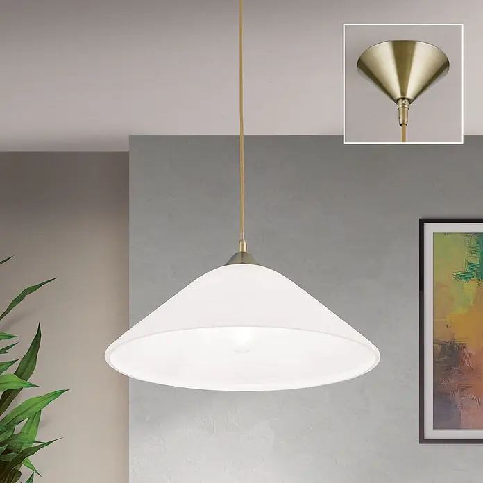 Orion Leuchten Hängelleuchte Grados Braun H 13 cm -  - Pendelleuchte mit weißem konischem Schirm und messingfarbenen Details, von der Decke hängend.