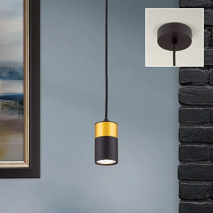 Orion Leuchten Pendelleuchte Martini H 9.5 cm -  - Eine schwarz-goldene zylindrische Pendelleuchte, die mit einem schwarzen Kabel von der Decke hängt.