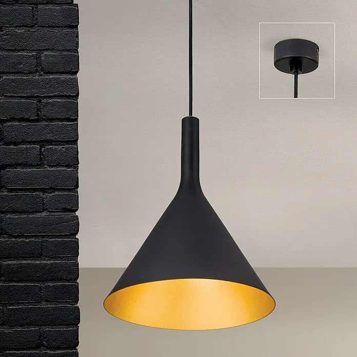 Orion Leuchten Pendelleuchte Gunda Ø 25 cm -  - Mattschwarze konische Pendelleuchte mit goldener Innenseite, von der Decke hängend.