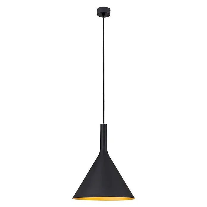 Orion Leuchten Pendelleuchte Gunda Ø 25 cm -  - Schwarze konische Pendelleuchte mit goldener Innenseite und schwarzem Kabel.