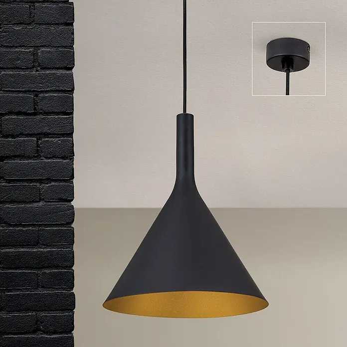 Orion Leuchten Pendelleuchte Gunda Ø 25 cm -  - Schwarze Pendelleuchte mit goldener Innenseite, schlankes Design, von der Decke hängend.
