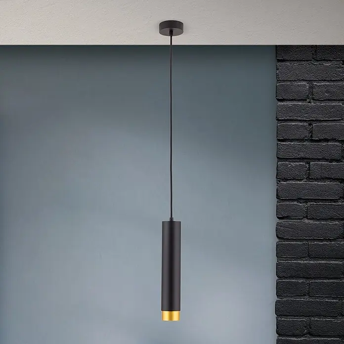 Orion Leuchten Pendelleuchte Martini H 30 cm -  - Schwarze zylindrische Pendelleuchte mit goldener Basis, von der Decke hängend.